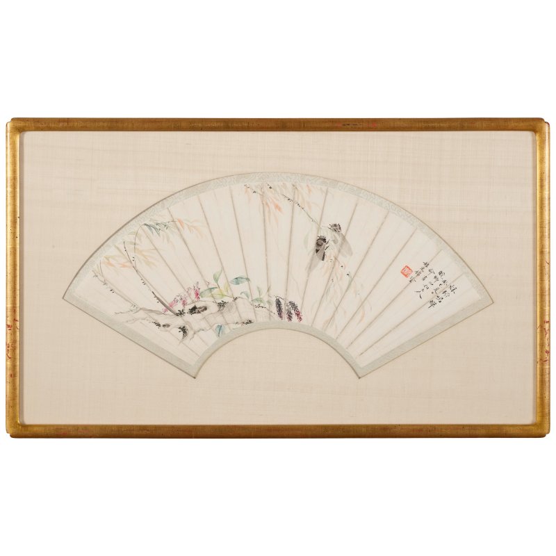 秦文錦（1871-1969）　秌柳鳴蟬　設色紙本　鏡框扇面　一九五三年作 | QIN WENJIN (1871-1969) - 图4