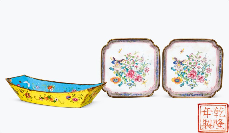 清 铜胎画珐琅花蝶纹四方倭角盘、花卉纹茶船三件