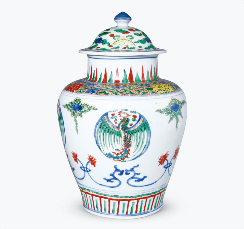 清康熙 青花五彩团凤纹将军罐