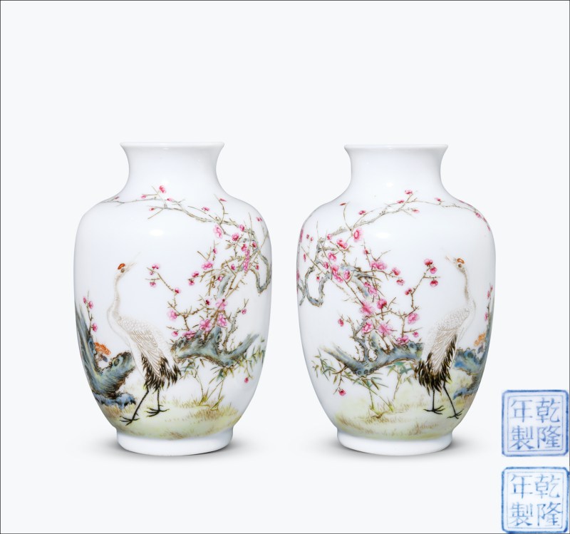 民国 粉彩仙鹤纹小灯笼瓶一对