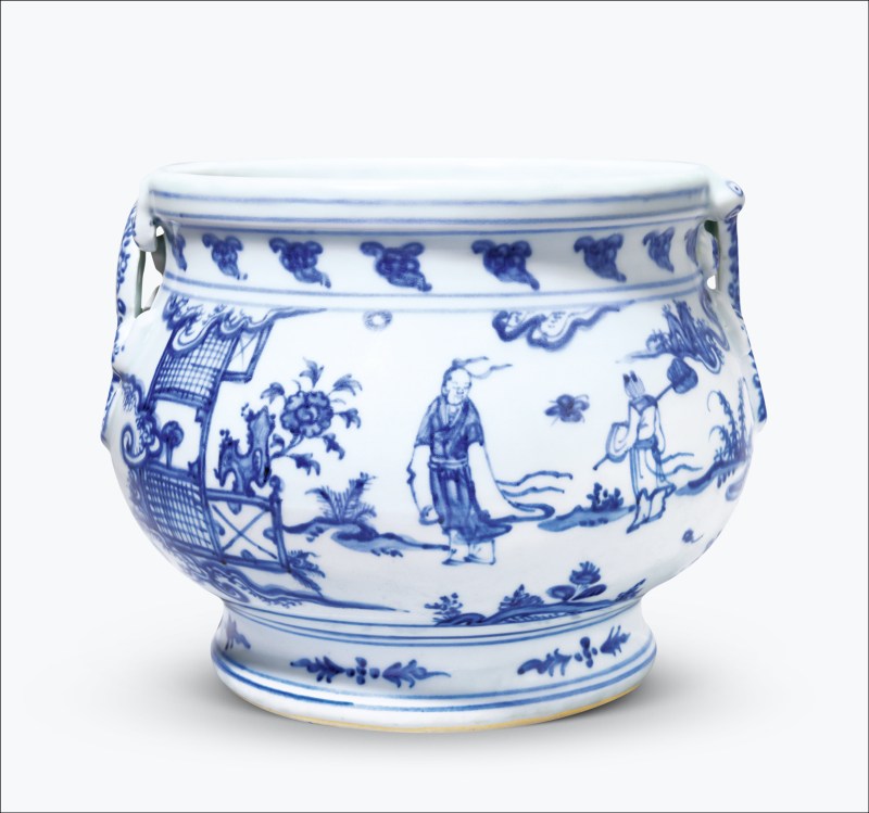 明中期 青花高士图蝠耳大炉