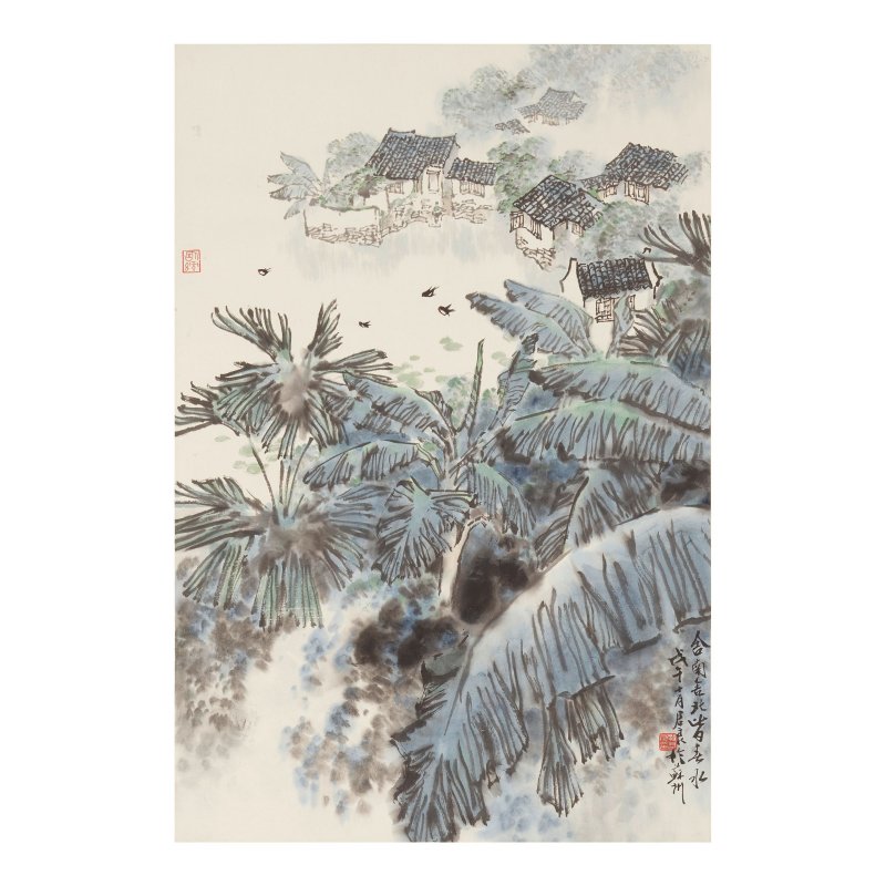 孫君良（生於1941年）　蕉林水村　設色紙本　立軸　一九七八年作 | SUN JUNLIANG (BORN 1941); WU ZHANCHUN (BORN 1963) - 图1