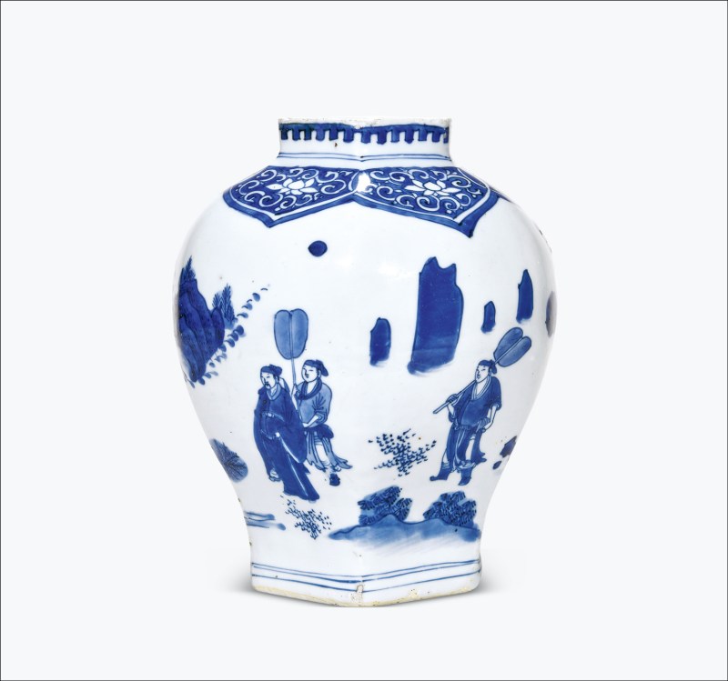 明崇祯 青花高士图六方罐