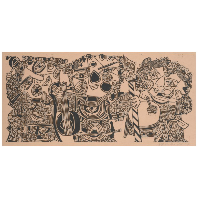 吳昊（1932-2019）　三樂師　木刻紙本　鏡框　一九六八年作 | WU HAO (1932-2019); HAN HSIANG-NING (HAN XIANGNING, BORN 1939) - 图1