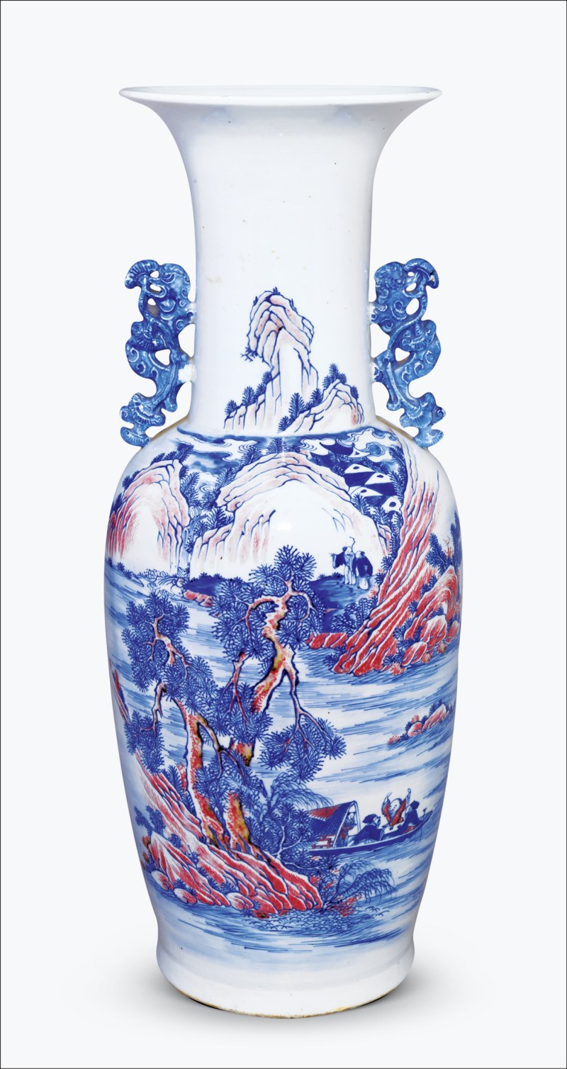 清中期 青花釉里红夜游赤壁图蝠耳大瓶