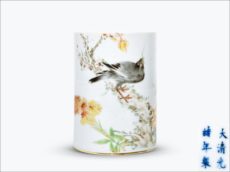 清光绪 金品卿款浅绛彩花鸟纹笔筒
