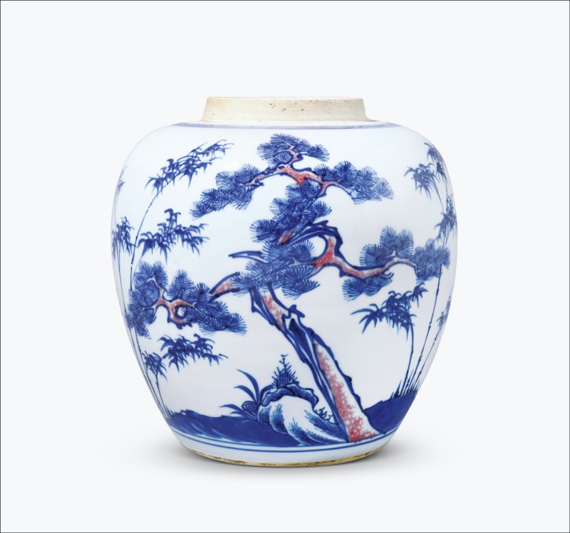 清雍正 青花釉里红岁寒三友图罐