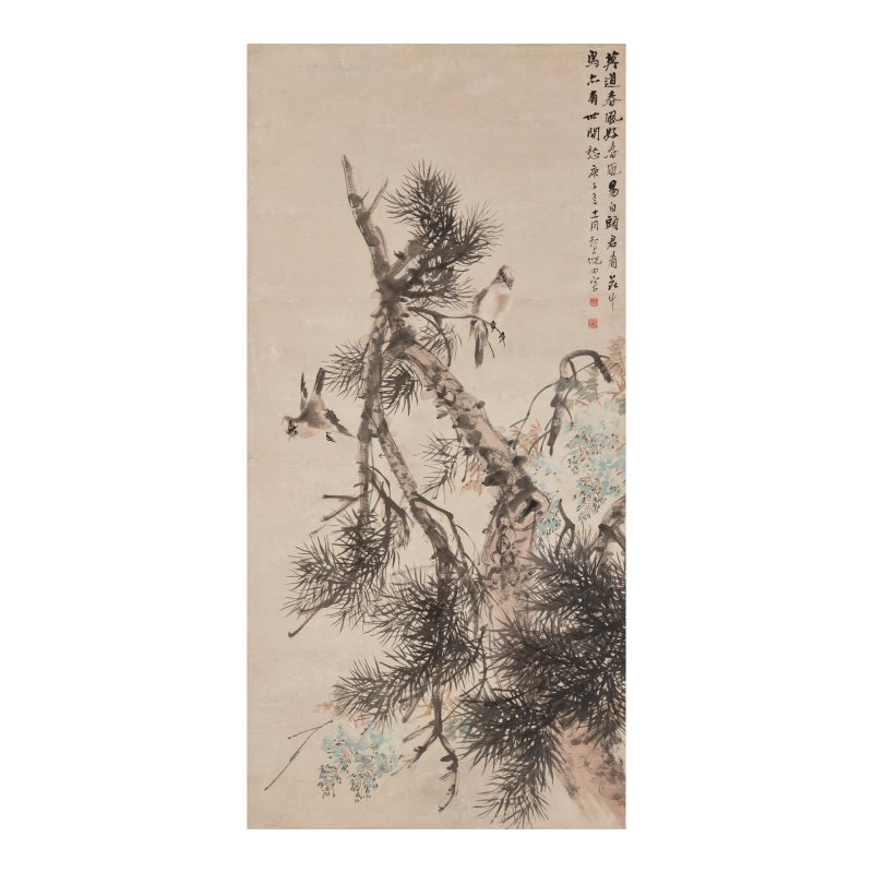 倪田（1855-1919）　松禽藤蘿　設色紙本　立軸　一九九〇年作 | NI TIAN (1855-1919)