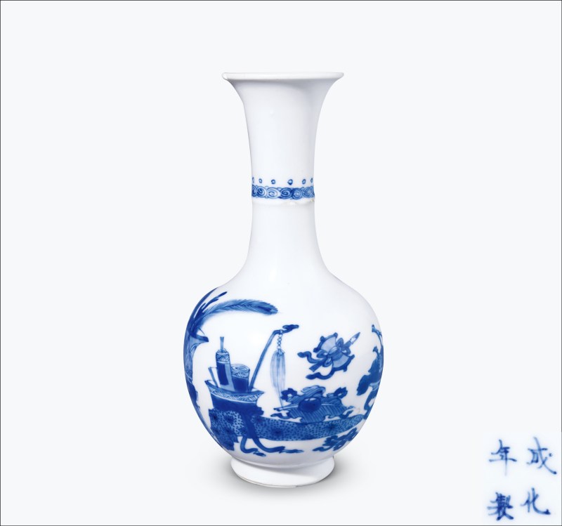 清康熙 青花瓶花博古诗文瓶