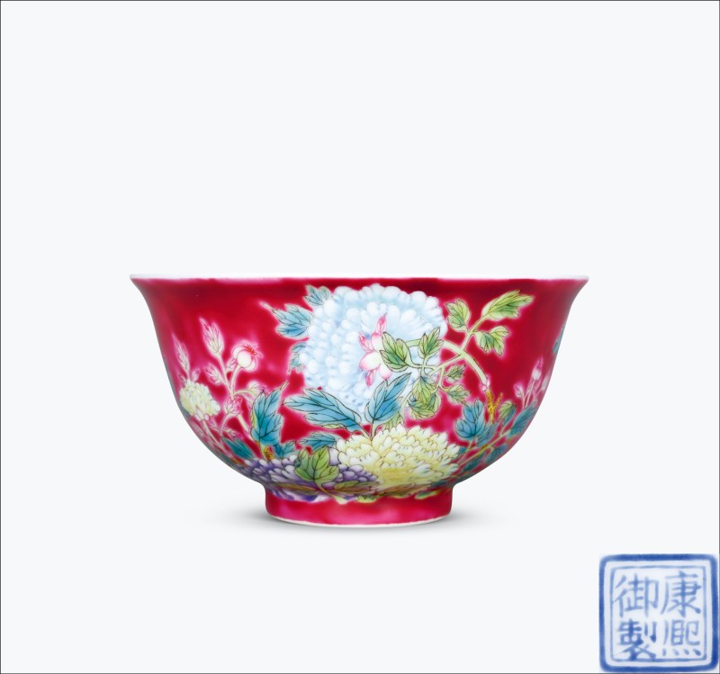 民国 胭脂红地粉彩九秋图碗