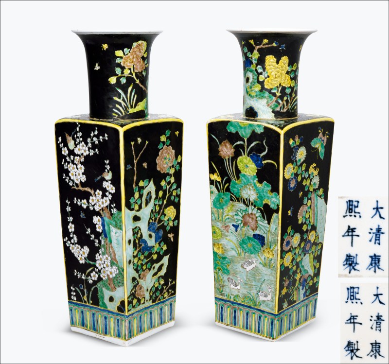 清晚期 墨地素三彩四季花卉纹天圆地方瓶一对