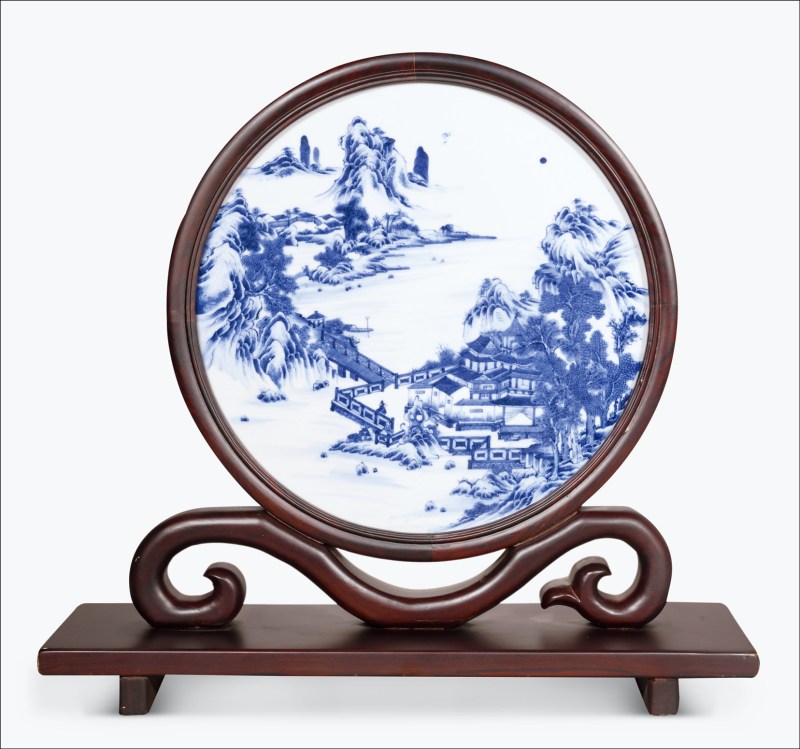 清雍正 青花山水楼阁图瓷板挂屏