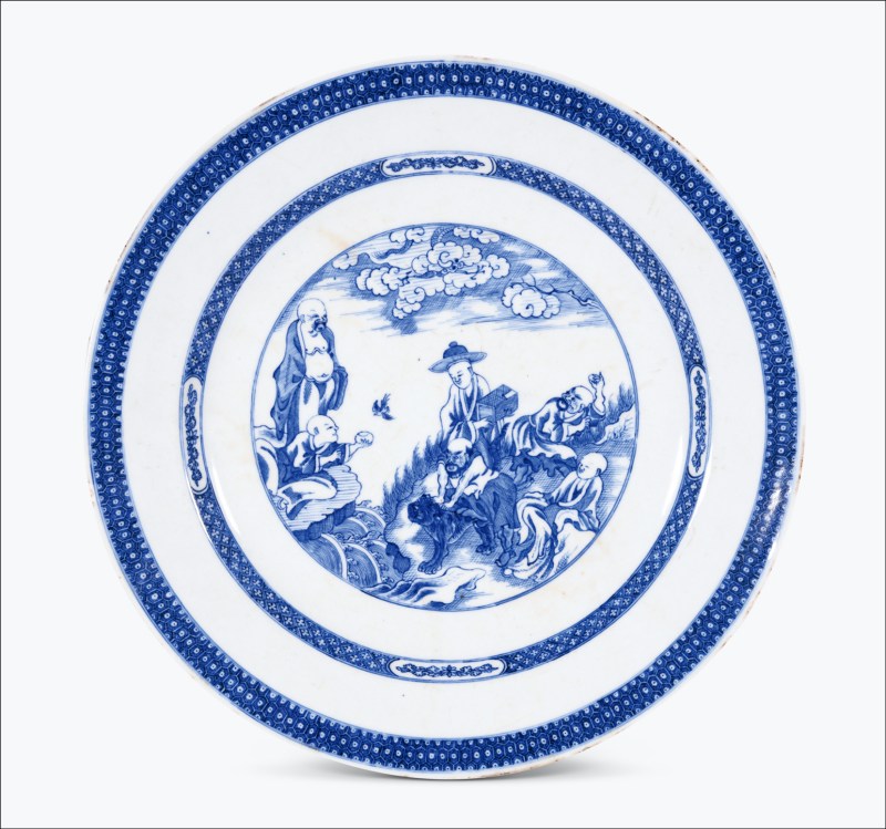 清乾隆 青花罗汉图折沿大盘
