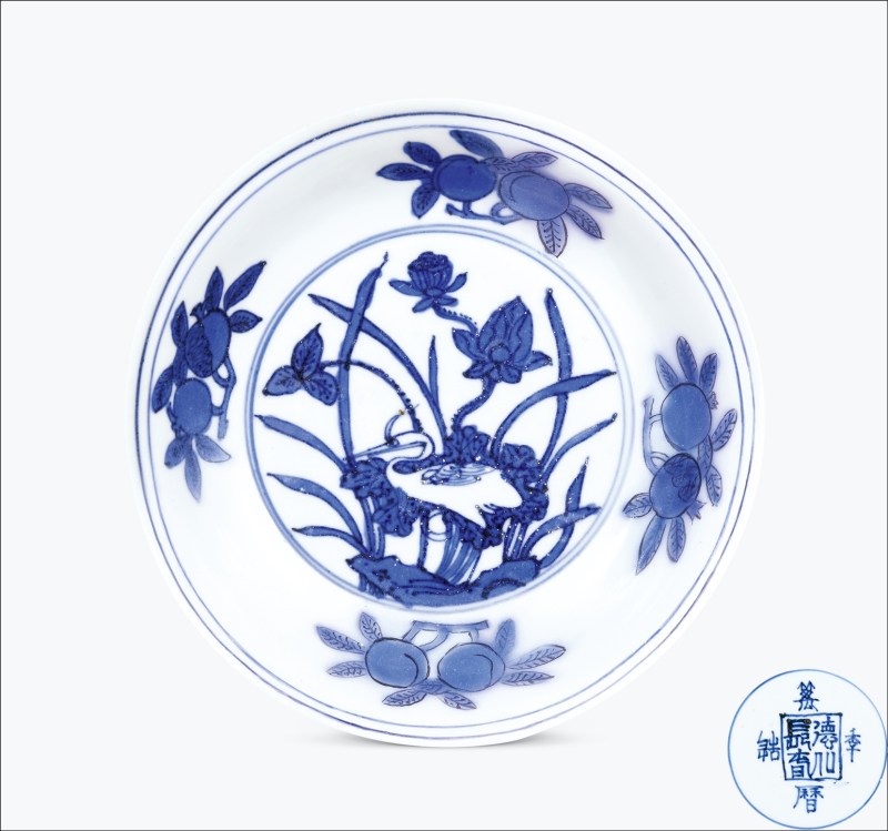 明万历 青花一路连科图盘