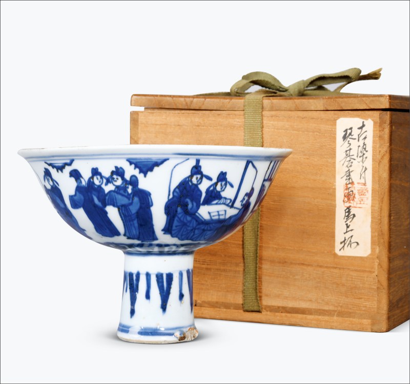 明嘉靖 青花十八学士图高足碗