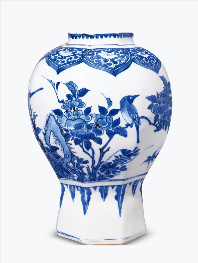 明崇祯 青花花鸟纹八方罐