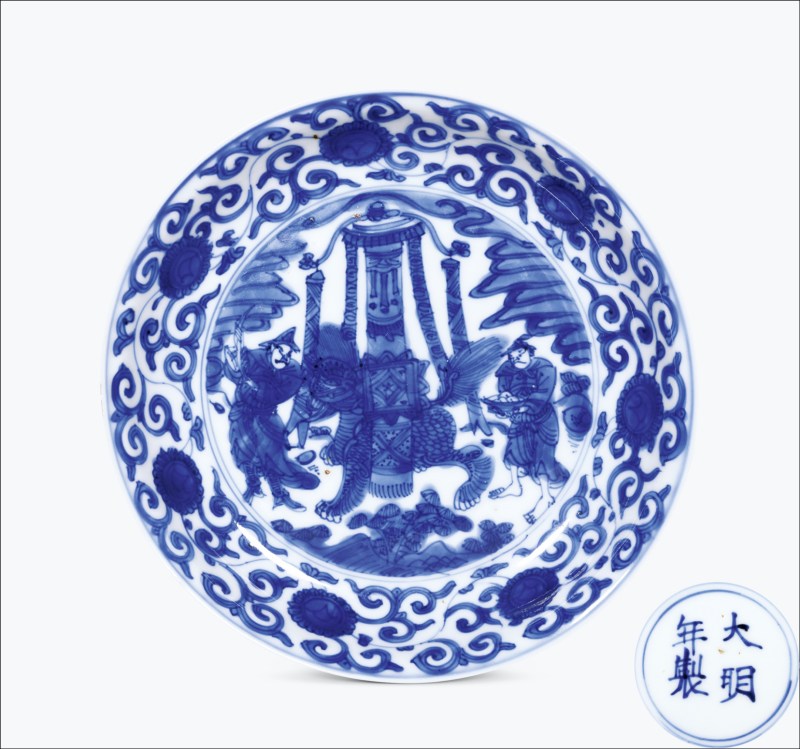 明万历 青花胡人献宝图盘