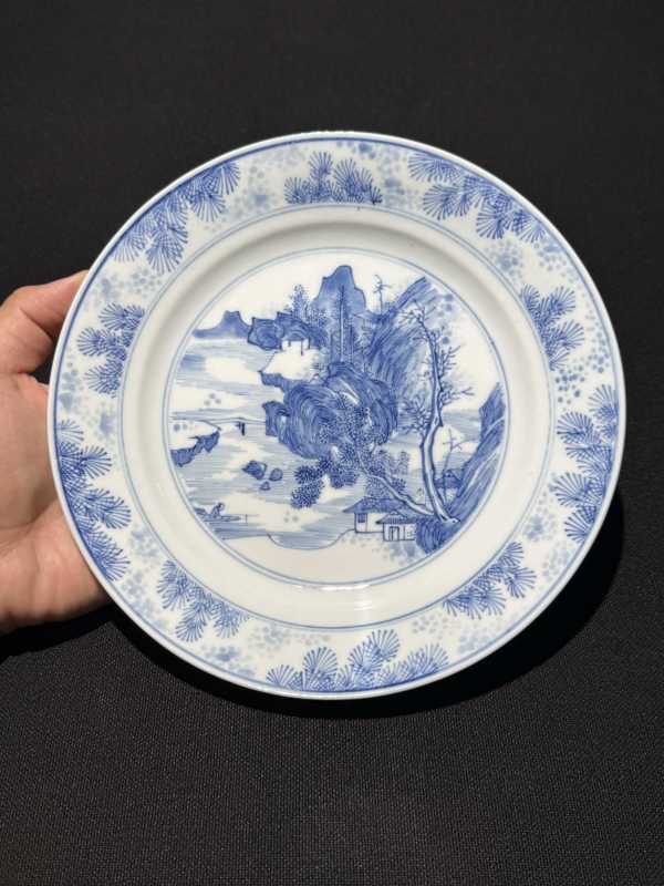清康熙 青花湖山别舍图盘 - 图3