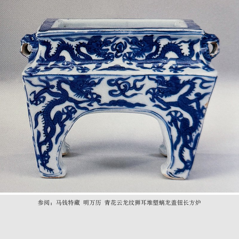 明万历 青花云龙纹狮耳堆塑螭龙盖钮长方炉 - 图7