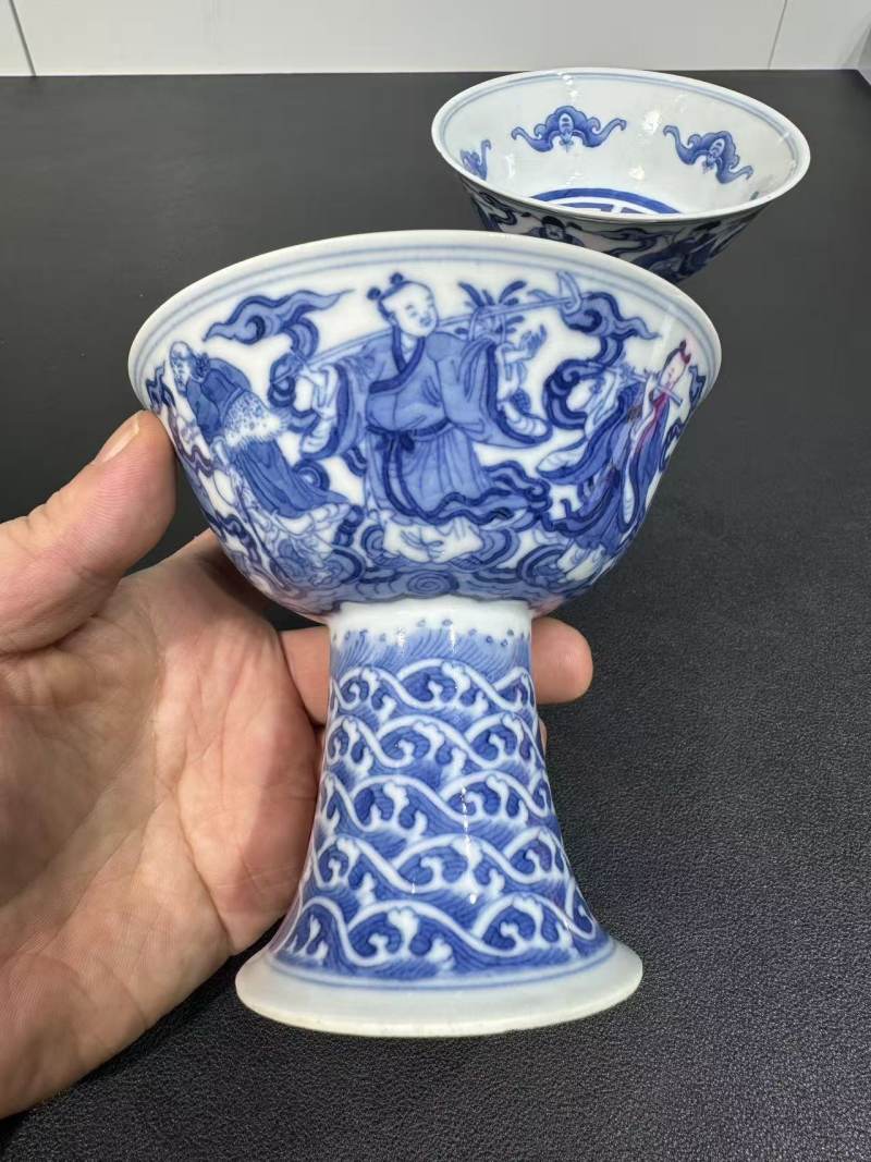 清道光 青花八仙祝寿高足碗一对 - 图4