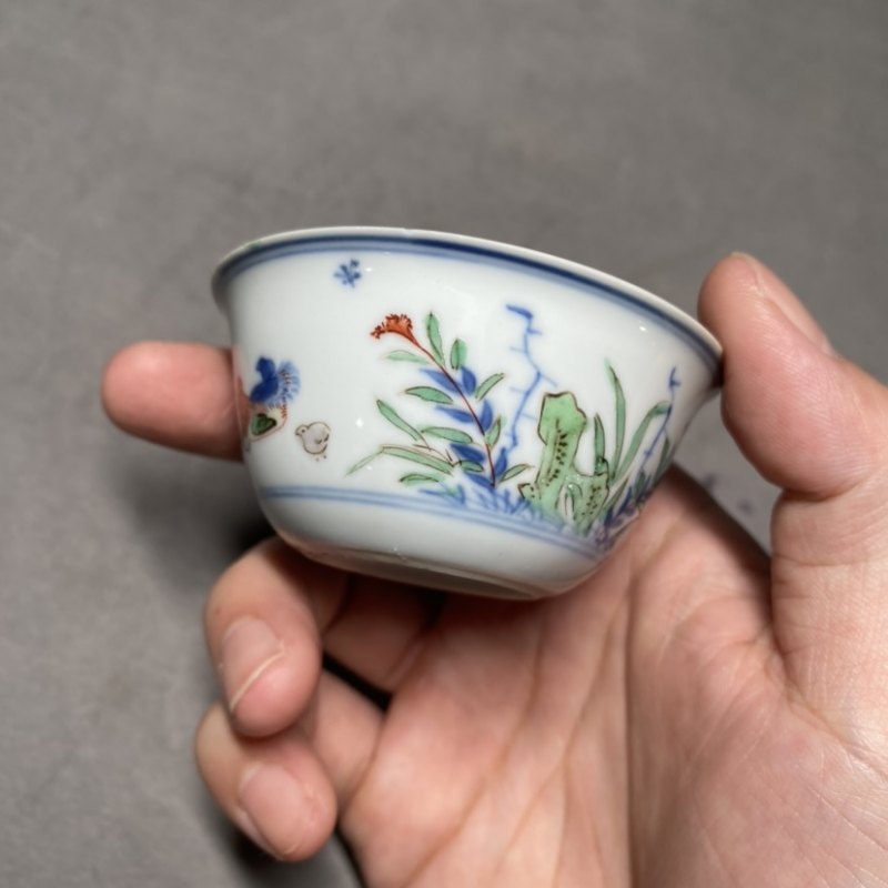 清康熙 青花五彩鸡缸杯 - 图13