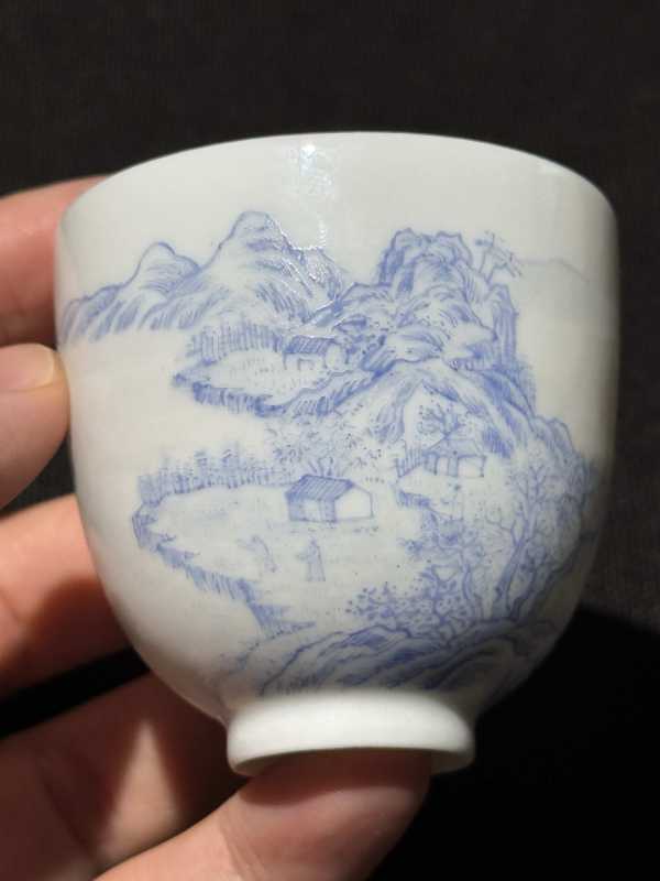 民国 蓝料彩湖山春色图杯 - 图7