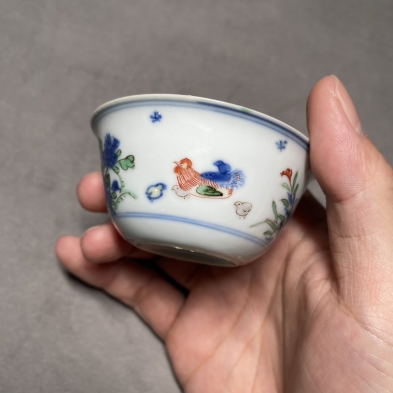 清康熙 青花五彩鸡缸杯 - 图14