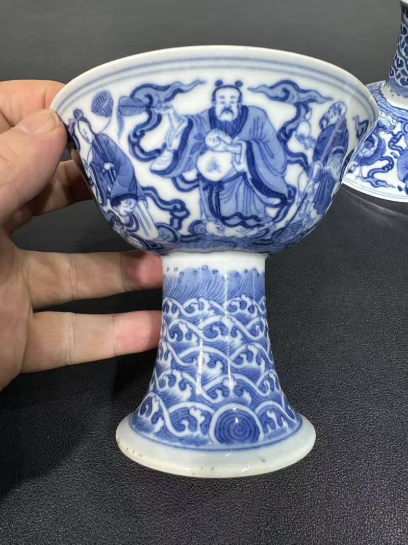 清道光 青花八仙祝寿高足碗一对 - 图9