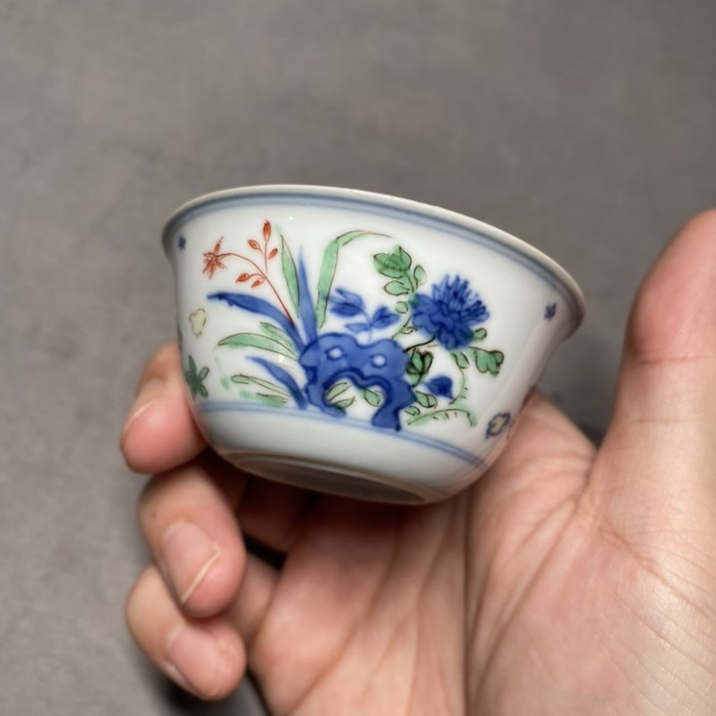 清康熙 青花五彩鸡缸杯 - 图15
