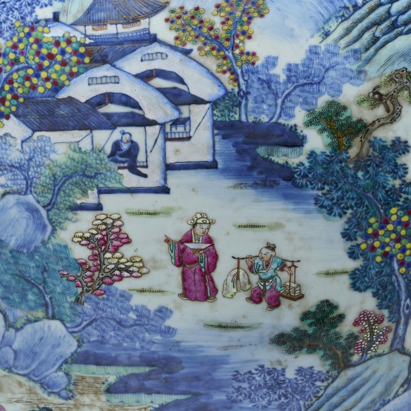 清中期 斗彩山水人物纹大卷缸 - 图5