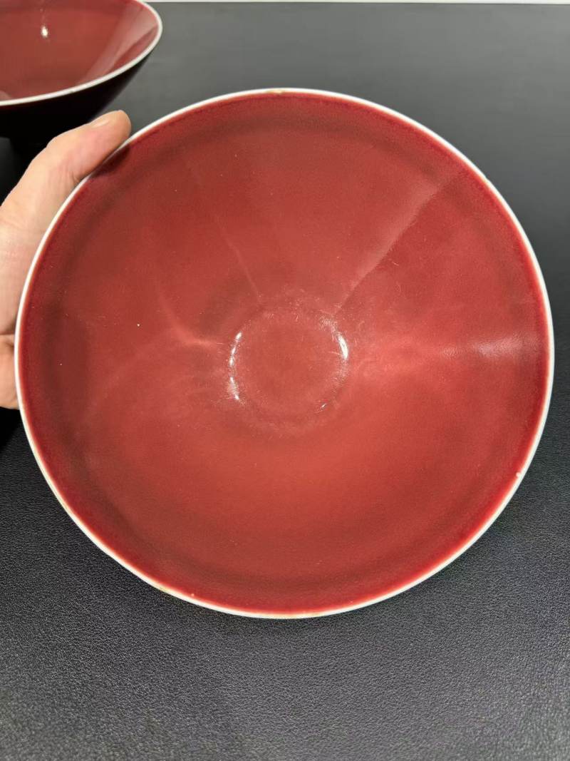 清康熙 仿永乐红釉斗笠碗一对 - 图2