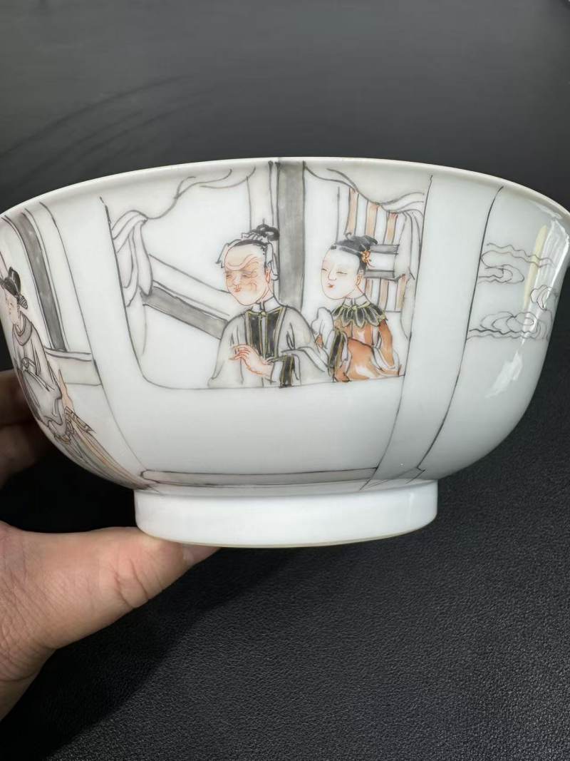 清雍正 墨彩描金郭府迎归图碗 - 图3