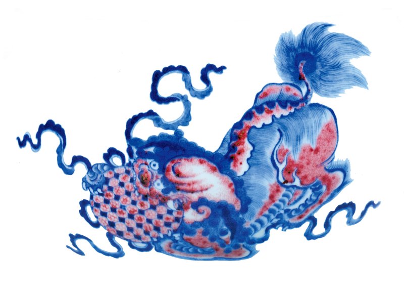 清乾隆 青花釉里红狮子滚绣球纹蒜头弦纹瓶 - 图4