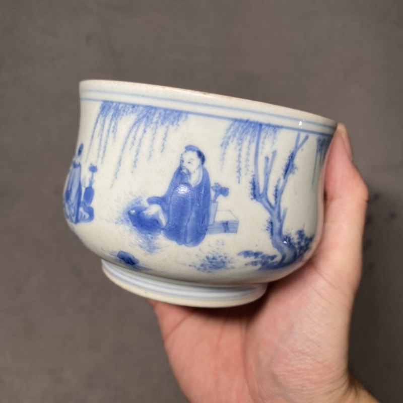 明崇祯 青花高士清谈图罗汉炉 - 图4