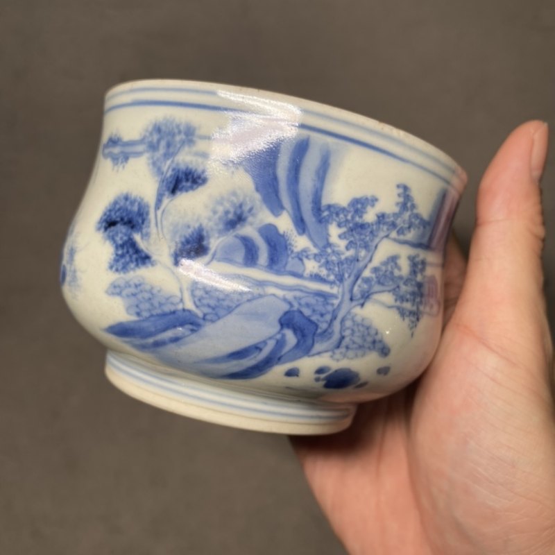 明崇祯 青花高士清谈图罗汉炉 - 图6