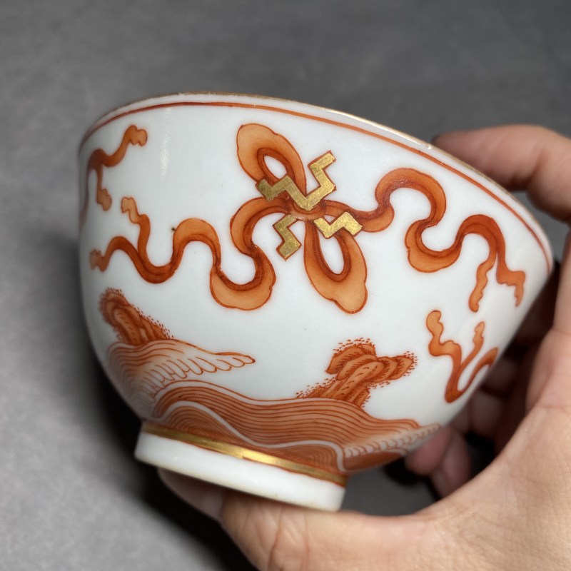 清光绪 矾红描金江山万代纹碗 - 图6