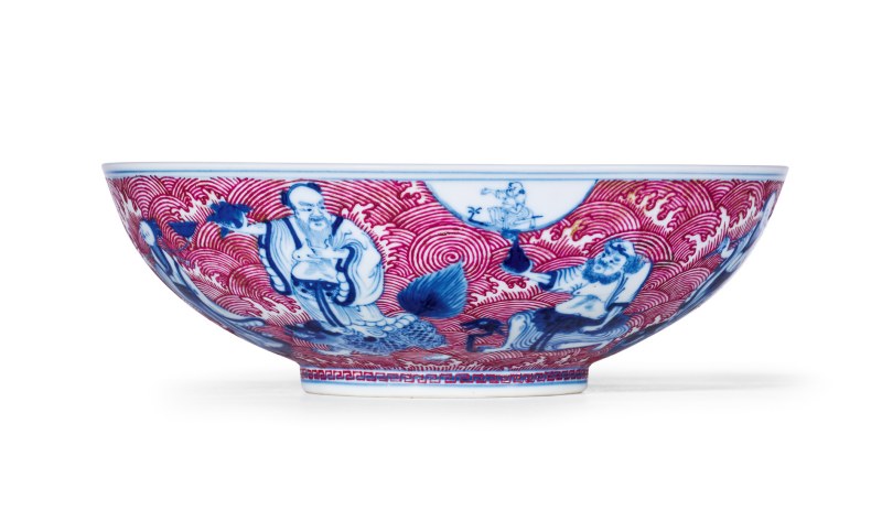 清光绪 青花胭脂红彩海水八仙纹碗 - 图3