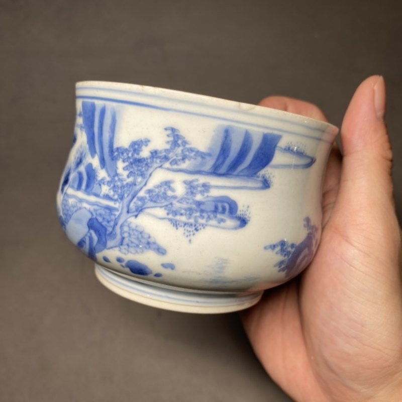 明崇祯 青花高士清谈图罗汉炉 - 图7