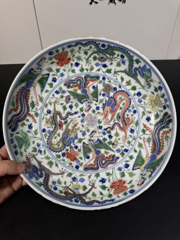 清康熙 青花五彩龙凤纹盘 - 图2