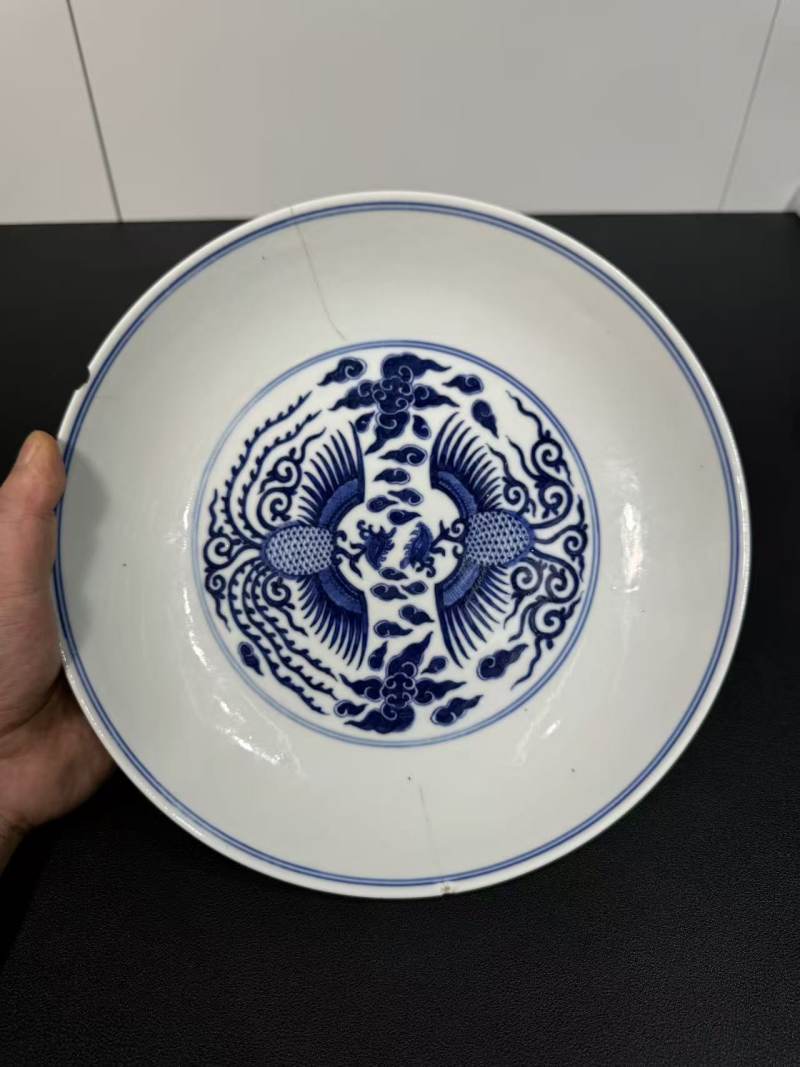 清宣统 青花对头凤纹大盘 - 图2