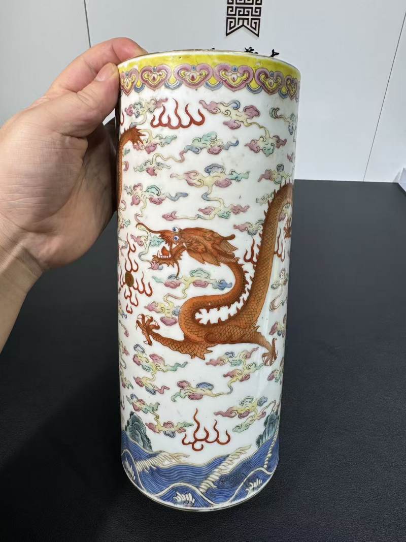 清光绪 粉彩水波游龙纹帽筒 - 图2