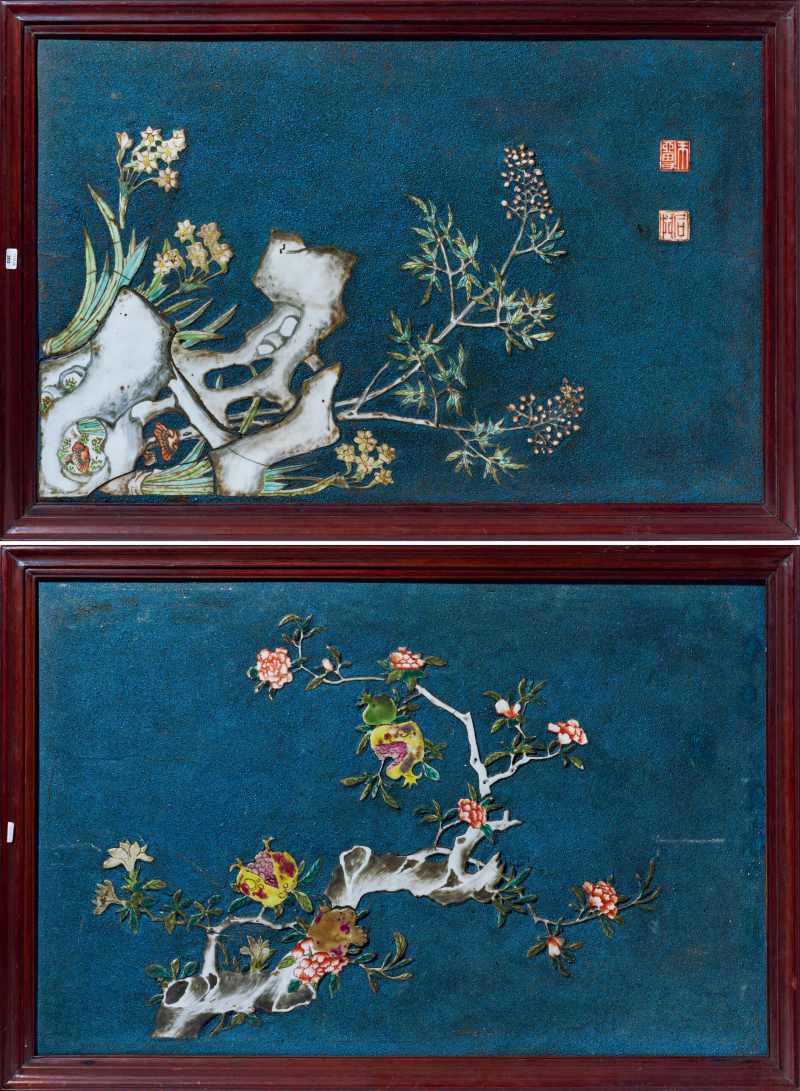 清乾隆 粉彩堆塑灵仙祝寿、榴开百子图瓷板一对
