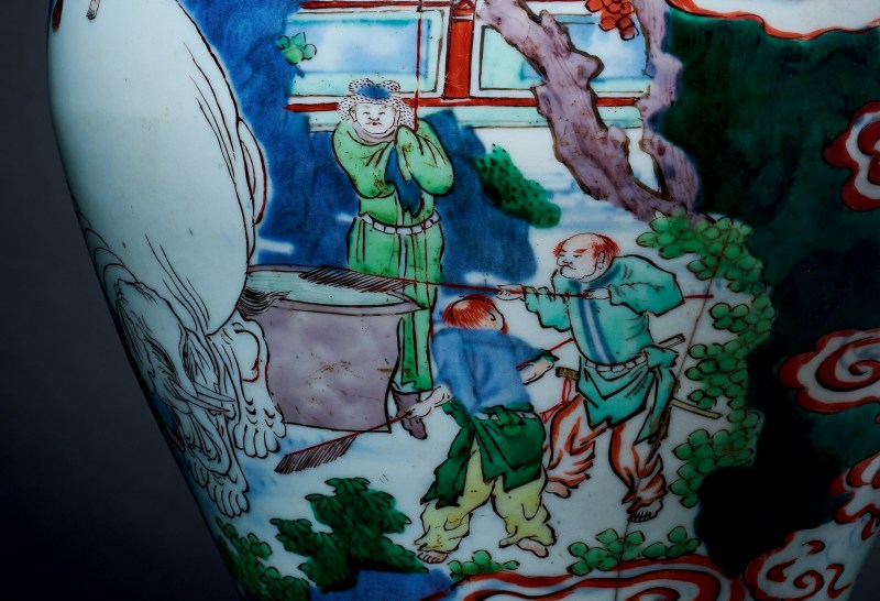 明末清初 青花五彩洗象图罐 - 图5