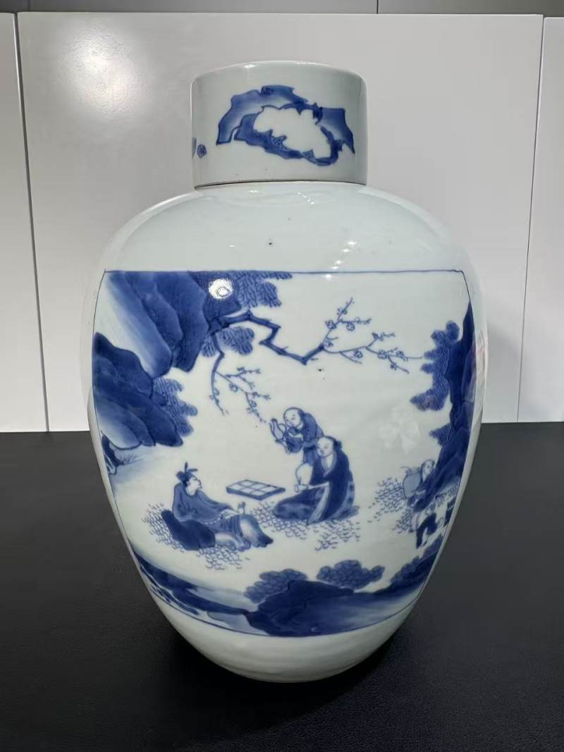 明崇祯 青花开光人物诗文盖罐 - 图2