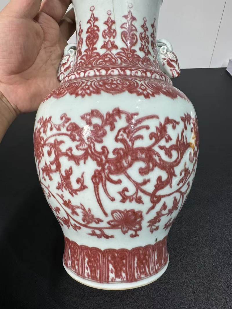 清乾隆 釉里红凤纹双羊耳尊 - 图5