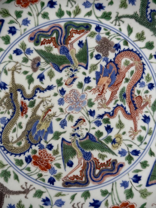 清康熙 青花五彩龙凤纹盘 - 图3
