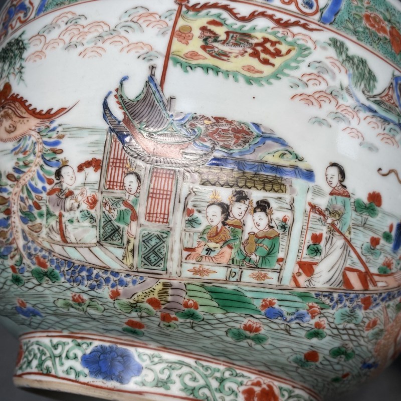 清康熙 五彩隋炀帝幸江都图大碗 - 图11