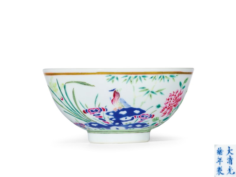 清光绪 粉彩洞石花鸟纹茶圆 - 图1