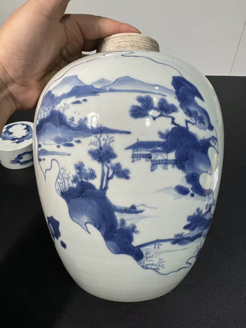 明崇祯 青花开光人物诗文盖罐 - 图3