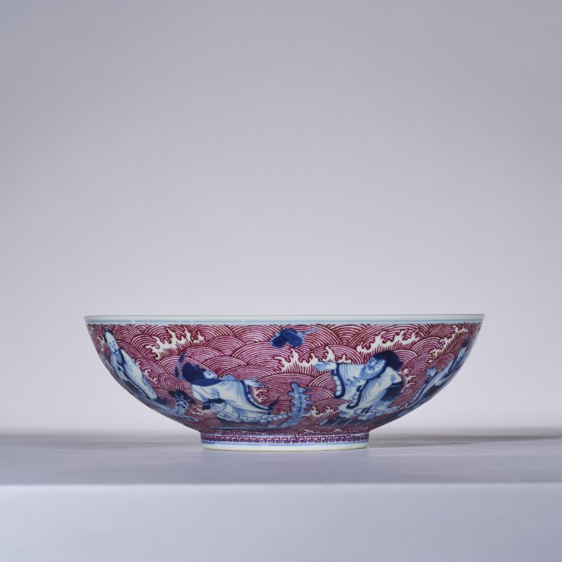 清光绪 青花胭脂红彩海水八仙纹碗 - 图7